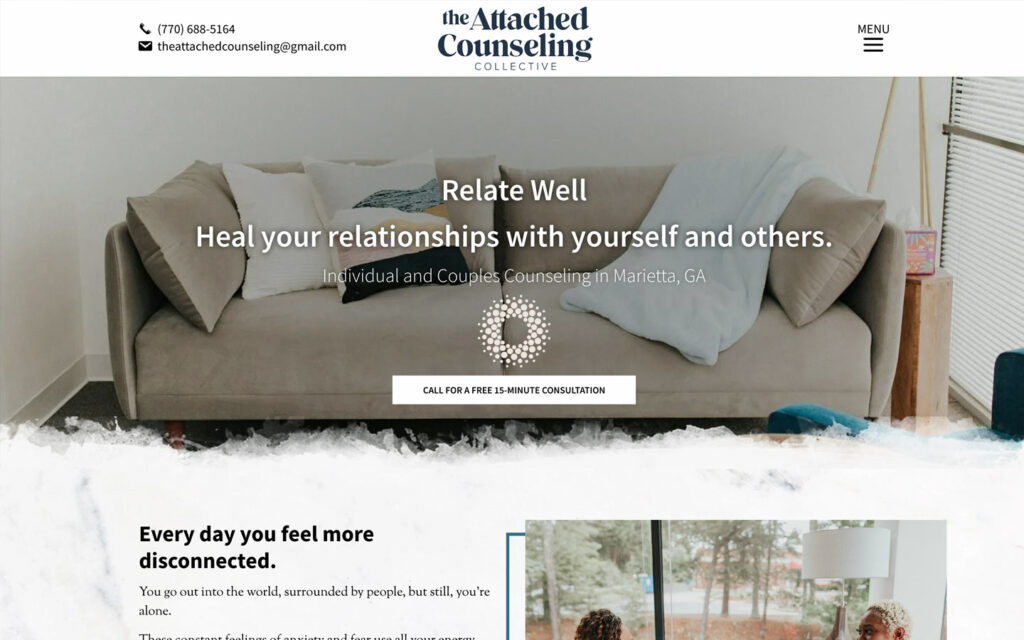 Homepage screenshot from The Attached Counseling Collective in Atlanta. This is an example of a therapy website.