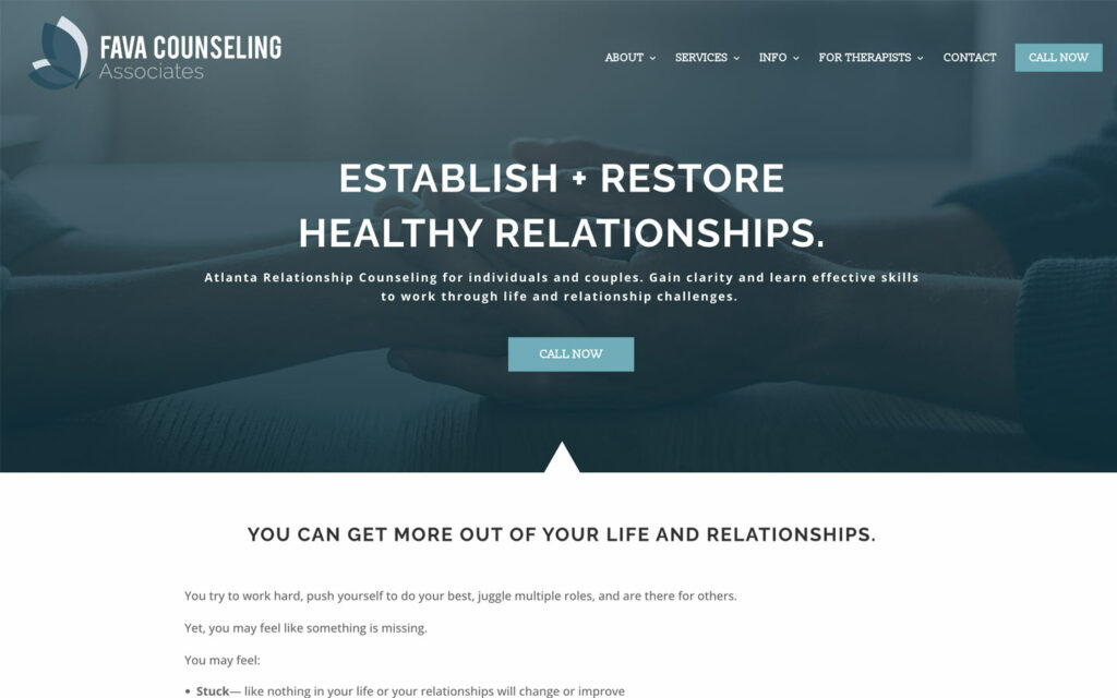 Fava Counseling Associates is a group practice in Atlanta. This images shows an example of their therapy website's homepage.