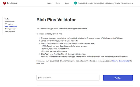 Validate your therapy blog for rich pins to appear