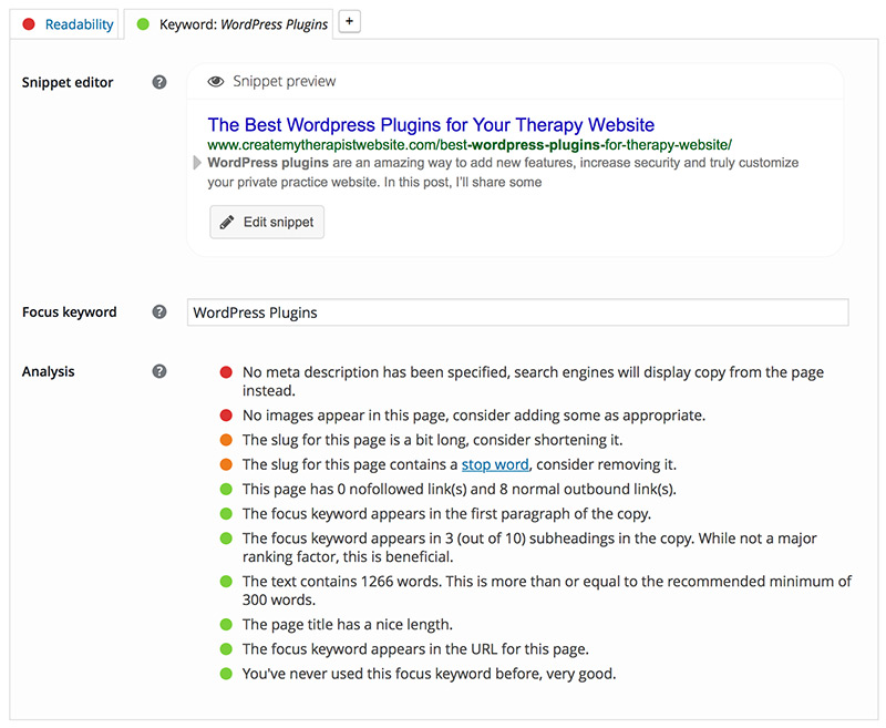 A screenshot of Yoast SEO, one of my favorite WordPress plugins you can use on your private practice website.