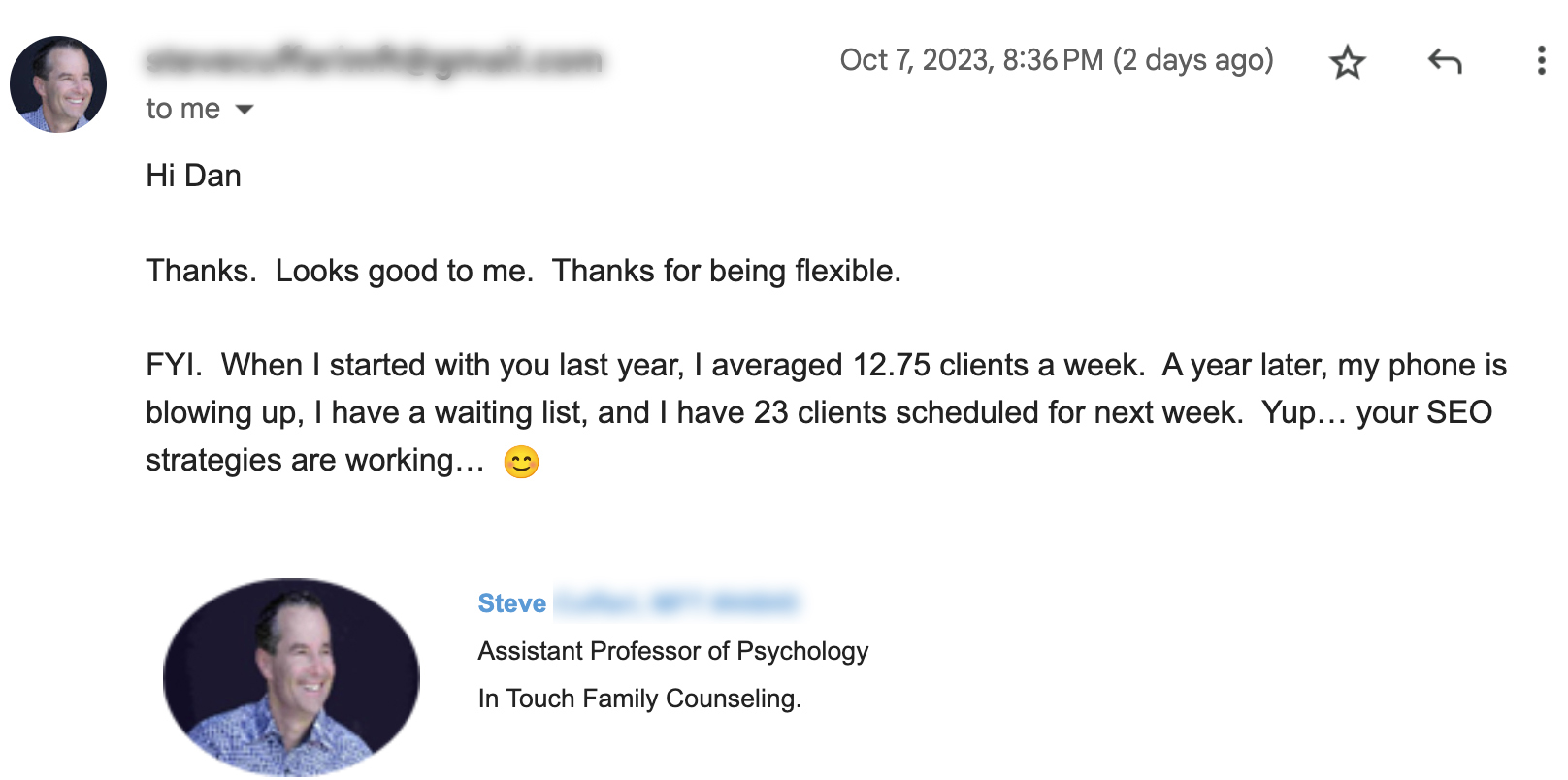 A testimonial about how SEO for therapists helped a client double his case load.