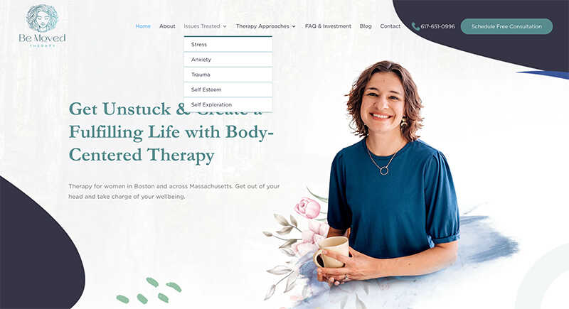 In this example of a therapy website homepage, you can see a use of clean and organized navigation.